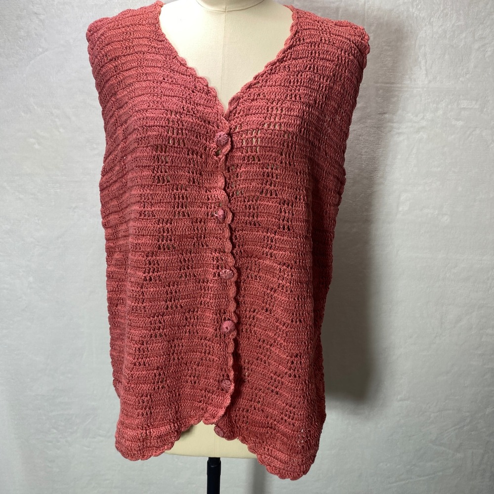 Fruit Phool Coral Crochet Sleeveless V Neck Button Front Vest Top